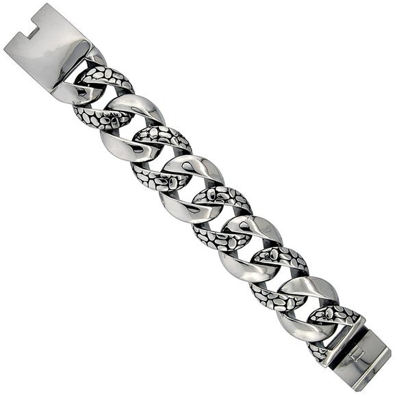Stainless Steel Cuban Link Bracelet For Men Bali Pebbles Design 9 1/4 inches
